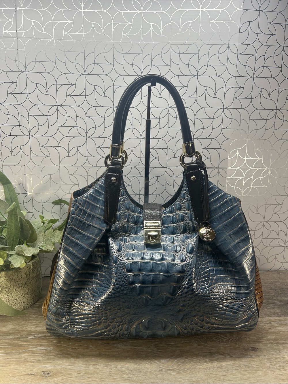 Brahmin Blue Croc-Embossed Leather Shoulder Bag with Brown Sides